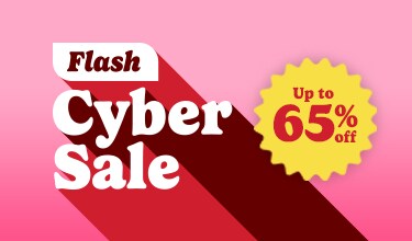 Flash Cyber Sale logo with up to 65% off in yellow burst