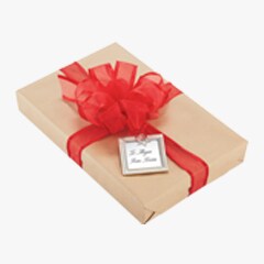 brown paper wrapped gift with red bow and tag