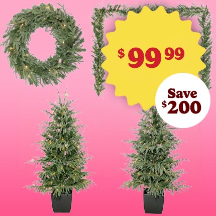 5pc. Pre-Lit Norfolk Pine Potted Artificial decor set $99.99