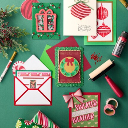 DIY Christmas card making supplies and Christmas cards made by hand