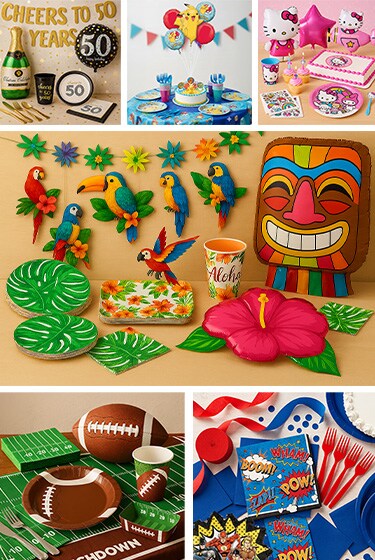 A colorful collage of party themes: tropical with parrots and tiki, superhero comics, Hello Kitty birthday, football, Spider-Man, and a gold 50th anniversary.