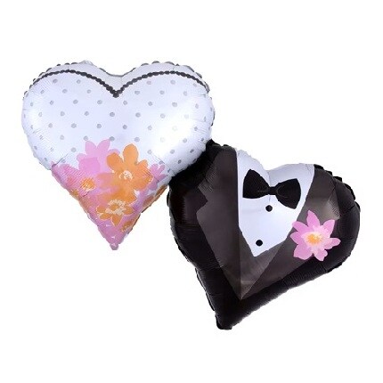 two heart shaped balloons, one with a bridal gown design and the other a tuxedo design