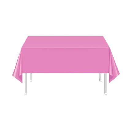 rectangular table with pink tablecloth