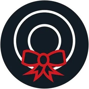 white outline of wreath with red bow on black background