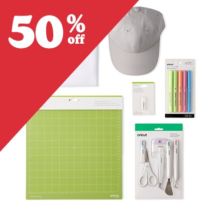Cricut weeding tools and cutting mats with 50% off in white text in red triangle