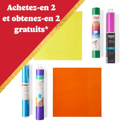 Quatre rouleaux de vinyle de bricolage avec des feuilles de vinyle jaunes et orange avec "Achetez 2, Obtenez 2 Gratuit" en texte blanc sur un triangle rouge.