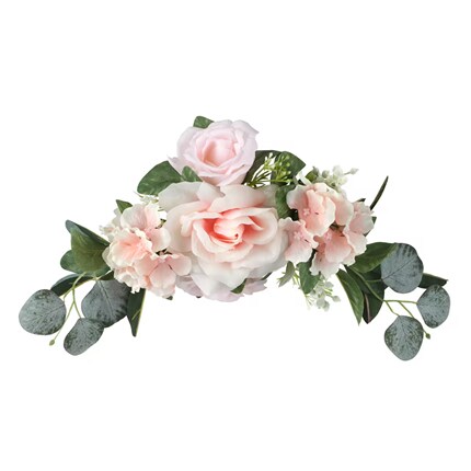 Swag floral arrangement featuring soft pink roses and smaller pink blossoms surrounded by green eucalyptus leaves. 