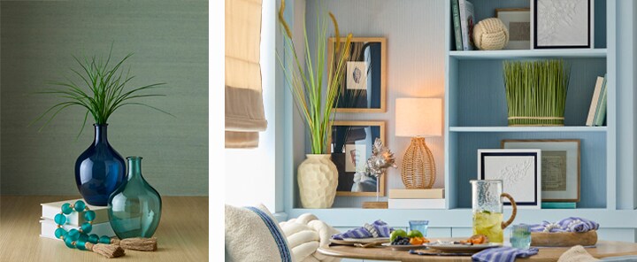Modern coastal decor with cool blue hues and beachy vibe decor