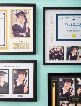 assorted graduation frames on teal wall