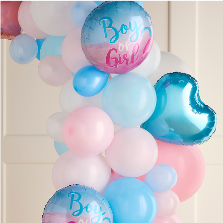 Baby Gender reveal balloon arch with pink and blue balloons