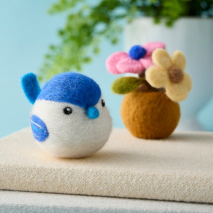 bird and flower pot felt figurines