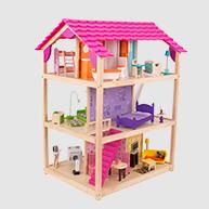 Open dollhouse with pink roof and doll accessories set up 