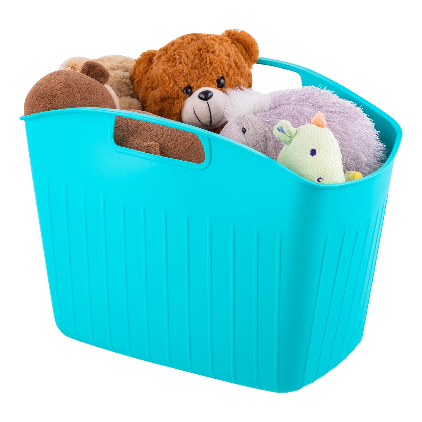 A blue bin with handles filled with stuff animals