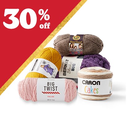 assorted skeins of yarn with 30% off in white text over red triangle