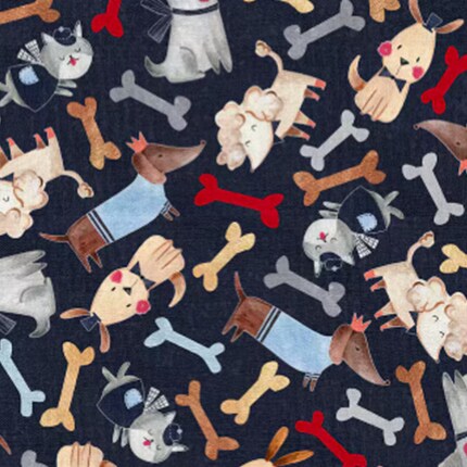 dogs and bones printed navy fabric