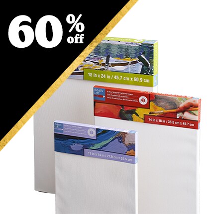 stacked canvases with 60% Off in white text over black triangle