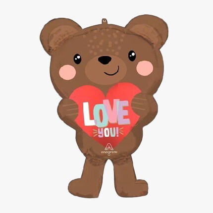 mylar balloon of brown bear holding heart with love you sign