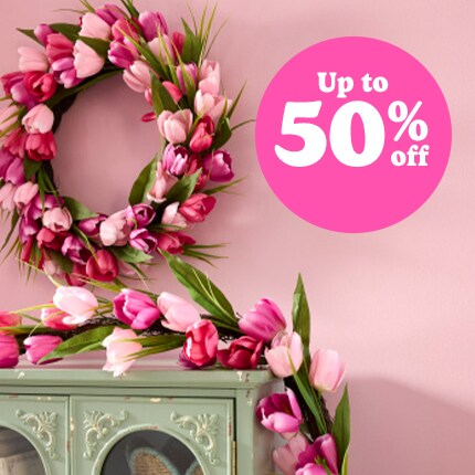 Spring wreath and garland on a mantel