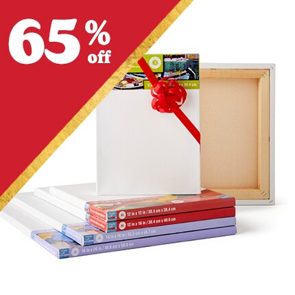 stacked canvases with a bow with 65% off in white text over red triangle