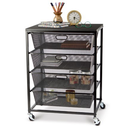 Black Metro 4-Drawer Rolling Cart by Simply Tidy® stocked with painting and art supplies