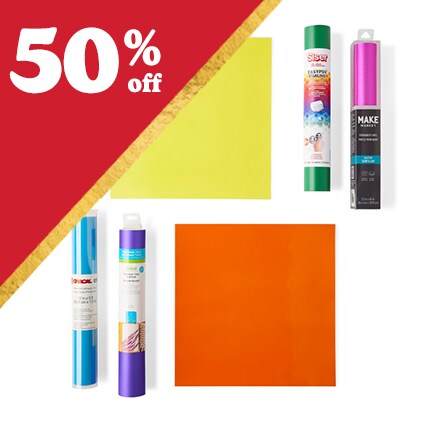 four rolls of craft vinyl and yell and orange vinyl sheets with 50% off in white text over red triangle