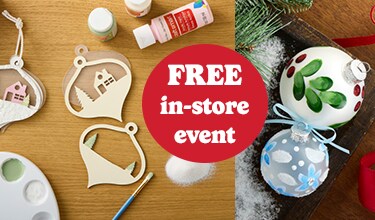 free in-store event in white text in red bubble over ornament crafts