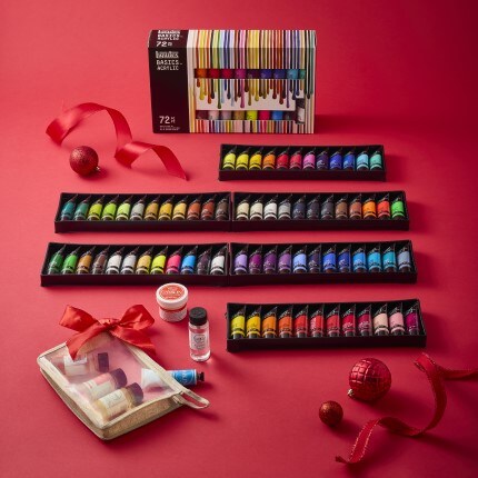 Painting set with easel on red background