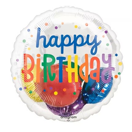 clear happy birthday filled with primary color balls