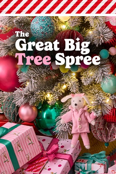 The Great Big Tree Spree on red background with glitter bands and a tree with Up to 50% Off pink bubble