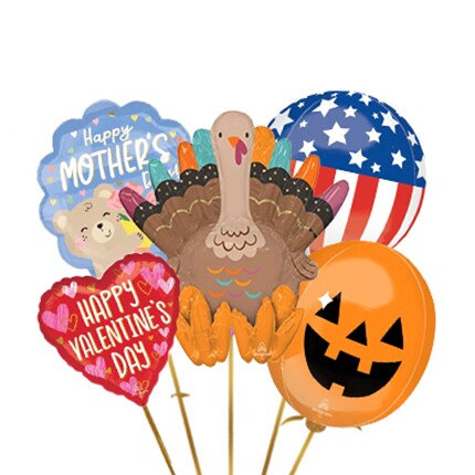turkey, jack-o-lantern, valentine's, and flag balloons