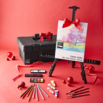 Painting set with easel on red background