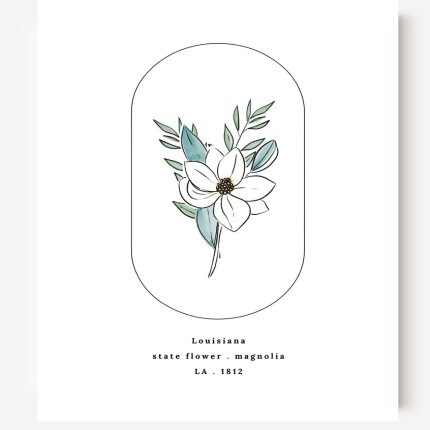 MakerPlace by Michaels Minimalist botanical illustration of Louisiana's state flower, a white magnolia with green leaves, framed in an arch and labeled “Louisiana State Flower.”