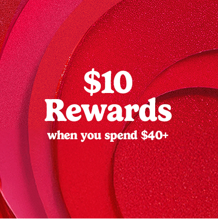 Bold white text on a layered red and pink background offers "$10 Rewards" when spending over $40. The tone is vibrant and enticing.