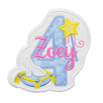 MakerPlace by Michaels Embroidered patch of a blue number four with "Zoey" in pink script. Features a yellow star wand and a white slipper, conveying a magical theme.