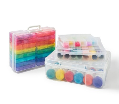 different craft storage items with colorful contents