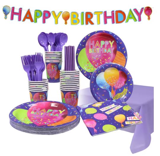 Set of party tableware reading Happy Birthday