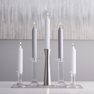5 light & dark grey tapers in glass & silver holders