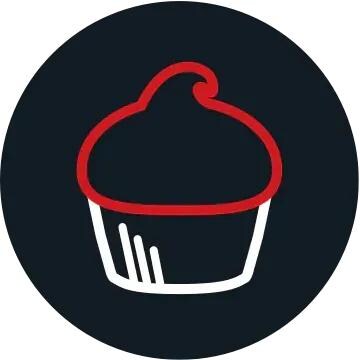 red and white outline of a cupcake on black background