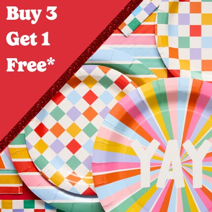 colorful striped and patterned paper plates and napkins with buy 3 get 1 free in white text in red triangle
