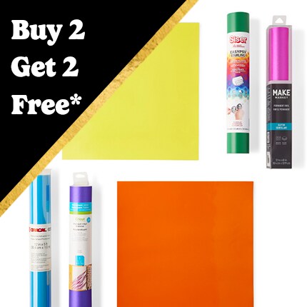 assorted vinyl rolls and sheets with Buy 2 get 2 Free in black triangle