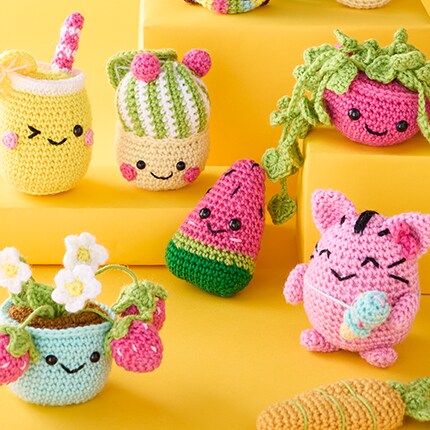 Amigirumi yarn characters from watermelons to ice cream people