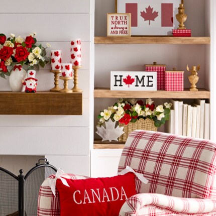Canada Day decor collection red pillow and flag tabletop decor with candles 