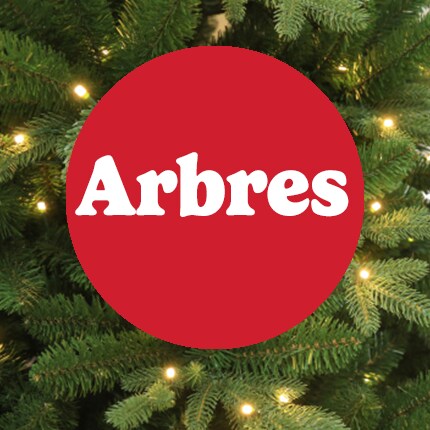 Arbres en texte blanc sur cercle rouge avec fond de sapin de Noël.