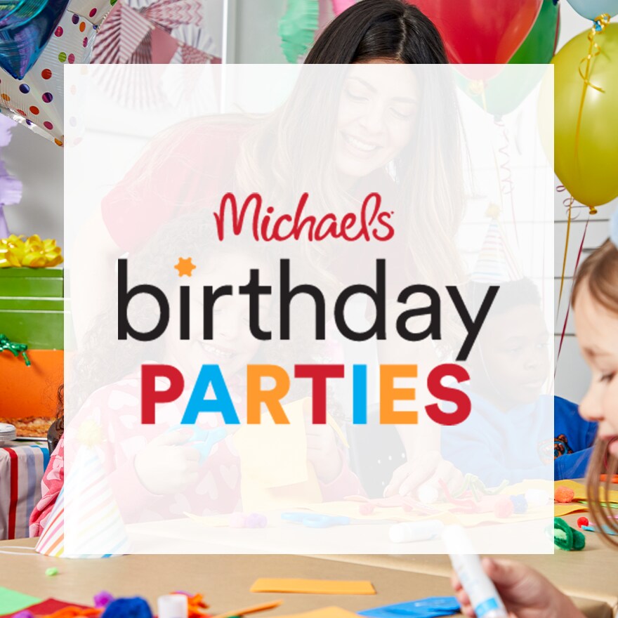 Michaels birthday parties logo over party scene