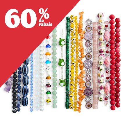 Perles colorées de différentes formes avec 60% de réduction en texte blanc sur un triangle rouge.