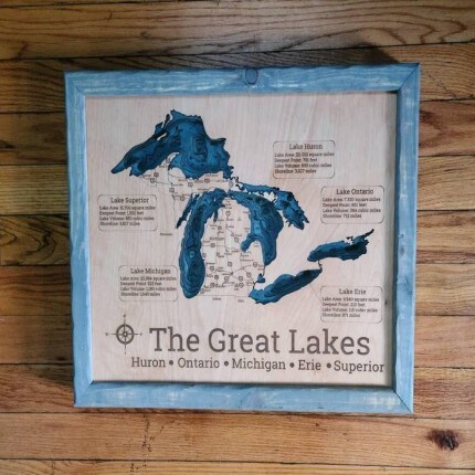 MakerPlace by Michaels Framed map of the Great Lakes on a rustic wood wall, with blue lake illustrations, labels for each lake, and a nostalgic educational tone.