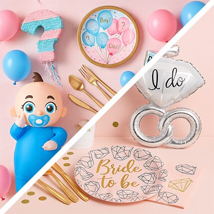 Split image of a baby shower and bridal shower setup. Left: blue-themed decor with a baby balloon, pink-blue balloons, and a plate with "Boy or Girl?". Right: pink-themed bridal decor with "I do" balloon, "Bride to be" sign, and gold utensils.