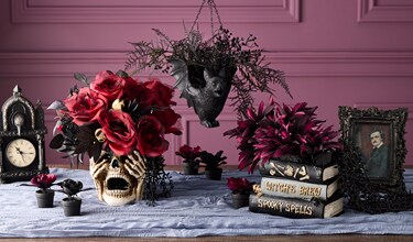 Halloween Floral: skeleton vase, floral stems and bouquets in dark colors.