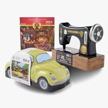 Volkswagen bug puzzle, sewing machine puzzle, and christmas puzzles