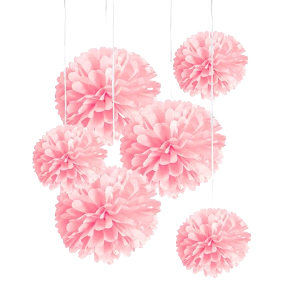 Five pale pink, layered dahlia-like paper flowers hang at different heights by thin strings against a white background, creating a delicate, cheerful display.